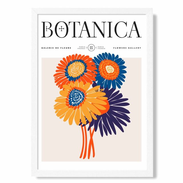 ARTZE Orange & Blue Gerbera Daisies Flower Market Exhibition Framed Print SIZE: A3 with White Frame - Size: A4 - image 1