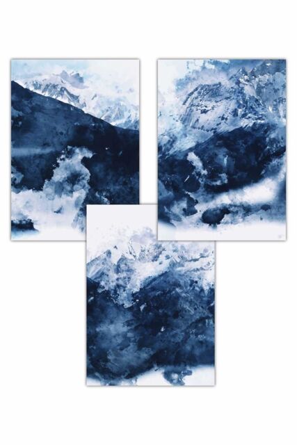 ARTZE Set of 3 Abstract Navy Blue Mountains Art Posters - Size: W50 cm x H70 cm - image 1