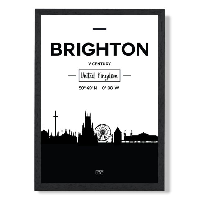 ARTZE Brighton Black & White City Skyline Framed Print SIZE: A2 with Black Frame - Size: A4 - image 1