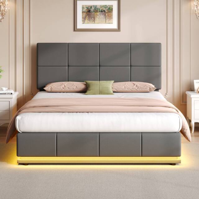 Merax PU Leather Ottoman Double Bed with LED & Square Tufted Headboard in Grey - image 1