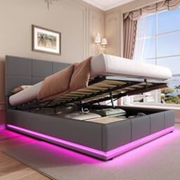Merax PU Leather Ottoman Double Bed with LED & Square Tufted Headboard in Grey - thumbnail 6