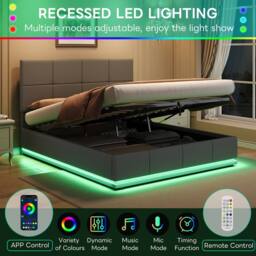 Merax PU Leather Ottoman Double Bed with LED & Square Tufted Headboard in Grey - thumbnail 8