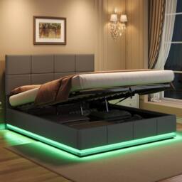 Merax PU Leather Ottoman Double Bed with LED & Square Tufted Headboard in Grey - thumbnail 4