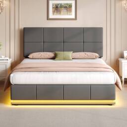 Merax PU Leather Ottoman Double Bed with LED & Square Tufted Headboard in Grey - thumbnail 5