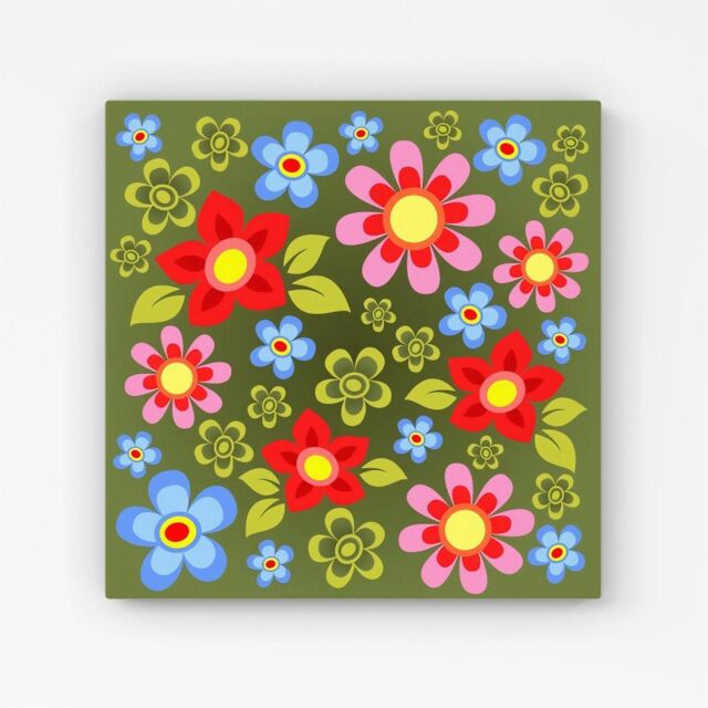 "Warren Reed - Designer Red & Blue Flowers Canvas in Green - Size: W16"" x H16""" - image 1