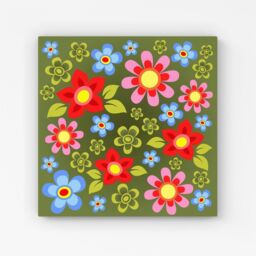 "Warren Reed - Designer Red & Blue Flowers Canvas in Green - Size: W16"" x H16""" - thumbnail 1