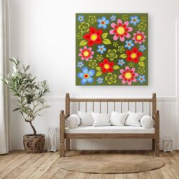 "Warren Reed - Designer Red & Blue Flowers Canvas in Green - Size: W16"" x H16""" - thumbnail 3