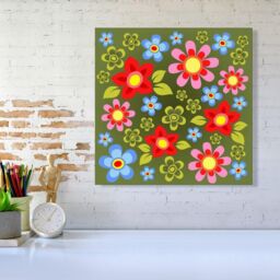 "Warren Reed - Designer Red & Blue Flowers Canvas in Green - Size: W16"" x H16""" - thumbnail 2