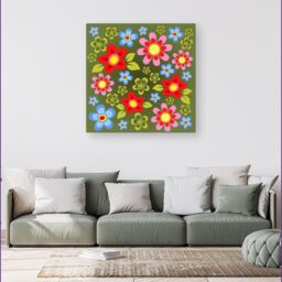 "Warren Reed - Designer Red & Blue Flowers Canvas in Green - Size: W16"" x H16""" - thumbnail 4