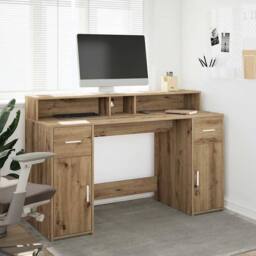 Berkfield Home Desk with LED Lights Artisian Oak 140x55x91 cm Engineered Wood in Brown - Size: 140 x 55 x 91 cm - thumbnail 2