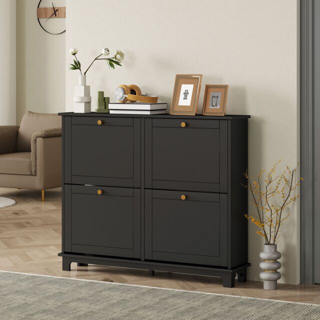 HOMCOM Narrow Shoe Cabinet with 4 Flip Drawers Adjustable Shelves, Black - image 1
