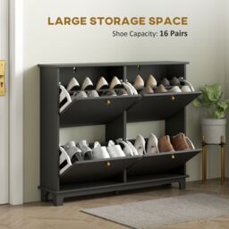 HOMCOM Narrow Shoe Cabinet with 4 Flip Drawers Adjustable Shelves, Black - thumbnail 4