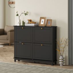 HOMCOM Narrow Shoe Cabinet with 4 Flip Drawers Adjustable Shelves, Black