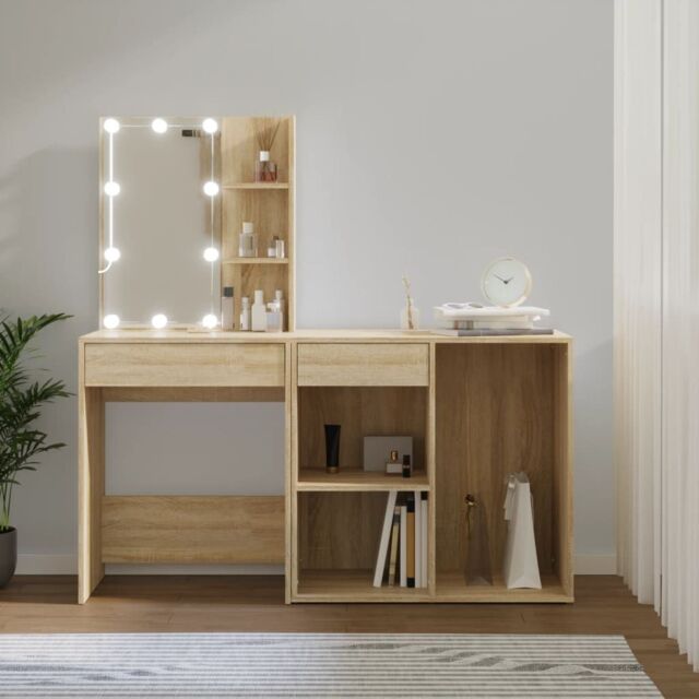 Berkfield Home LED Dressing Table with Cabinet Sonoma Oak Engineered Wood in Brown - image 1