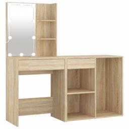 Berkfield Home LED Dressing Table with Cabinet Sonoma Oak Engineered Wood in Brown - thumbnail 2