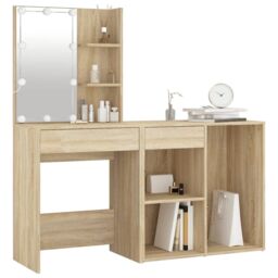Berkfield Home LED Dressing Table with Cabinet Sonoma Oak Engineered Wood in Brown - thumbnail 3