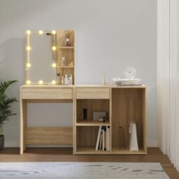 Berkfield Home LED Dressing Table with Cabinet Sonoma Oak Engineered Wood in Brown - thumbnail 4