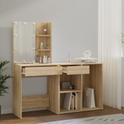 Berkfield Home LED Dressing Table with Cabinet Sonoma Oak Engineered Wood in Brown - thumbnail 5