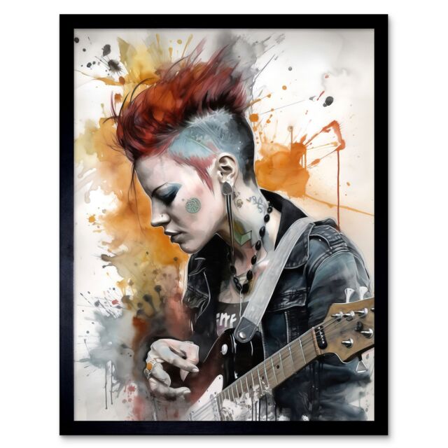 "Artery8 Wall Art Print Edgy Young Punk Woman with Mohawk & Electric Guitar Modern Watercolour Painting Art Framed in Black - Size: W12"" x H16""" - image 1