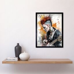 "Artery8 Wall Art Print Edgy Young Punk Woman with Mohawk & Electric Guitar Modern Watercolour Painting Art Framed in Black - Size: W12"" x H16""" - thumbnail 2