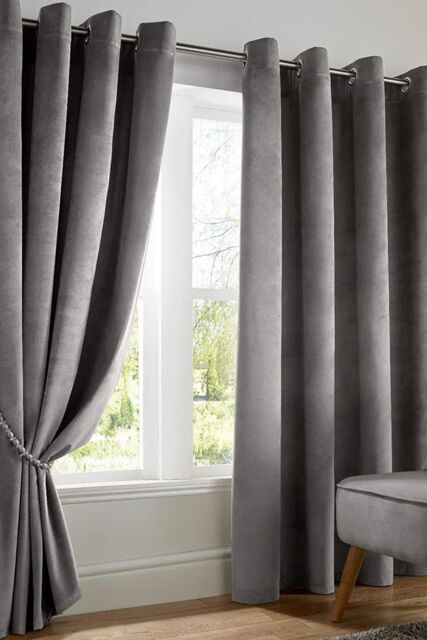 Alan Symonds Velvet Blackout Eyelet Curtains in Silver - Size: 168 cm width x 137 cm drop