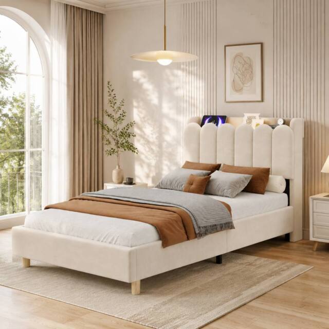 BTM 3FT Velvet Platform Bed Storage Headboard USB Beige - Size: Single - image 1