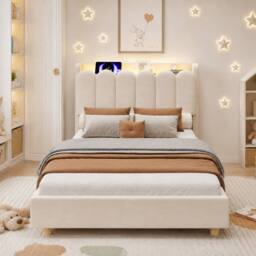 BTM 3FT Velvet Platform Bed Storage Headboard USB Beige - Size: Single - thumbnail 4
