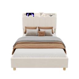 BTM 3FT Velvet Platform Bed Storage Headboard USB Beige - Size: Single - thumbnail 9