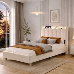 BTM 3FT Velvet Platform Bed Storage Headboard USB Beige - Size: Single - thumbnail 3