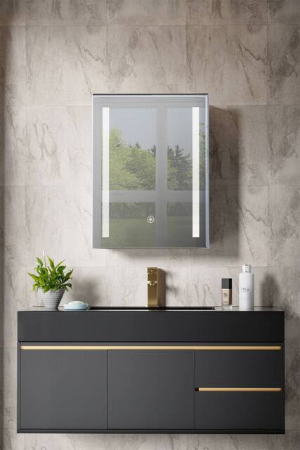 Living and Home 50cm W x 70cm H Bathroom LED Anti-Fog Makeup Mirror Cabinet with Touch Switch and Shelves in Silver - Size: 50 cm W x 70 cm H - image 1