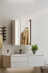 Living and Home 50cm W x 70cm H Bathroom LED Anti-Fog Makeup Mirror Cabinet with Touch Switch and Shelves in Silver - Size: 50 cm W x 70 cm H - thumbnail 2
