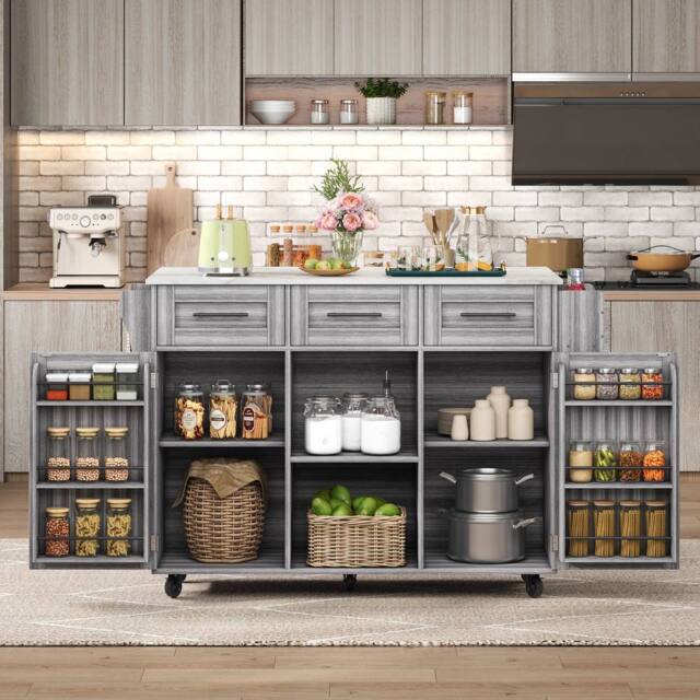 Merax Kitchen Island Trolley with Foldable Worktop, Kitchen Storage Cabinet in Grey - image 1