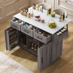 Merax Kitchen Island Trolley with Foldable Worktop, Kitchen Storage Cabinet in Grey - thumbnail 2