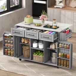 Merax Kitchen Island Trolley with Foldable Worktop, Kitchen Storage Cabinet in Grey - thumbnail 3