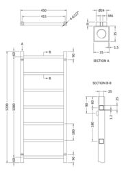 Balterley Heated Vertical Towel Rail with Square Tubes, 1200mm x 450mm - Chrome in Silver - thumbnail 7
