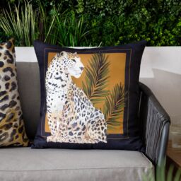 Paoletti Leopardis Cat Printed Outdoor Cushion in Gold - Size: 50 cm x 50 cm