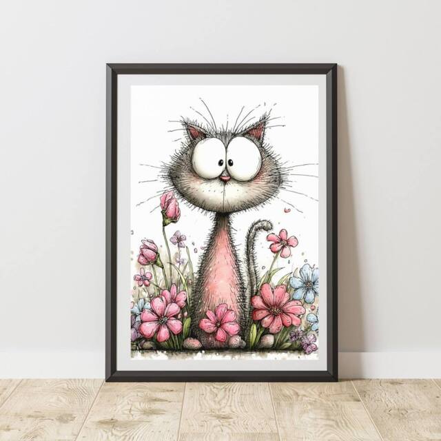 60 SECOND MAKEOVER Quirky Cat With Flowers Print Poster Wall Art - Size: A4 - image 1