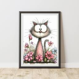 60 SECOND MAKEOVER Quirky Cat With Flowers Print Poster Wall Art - Size: A4 - thumbnail 1