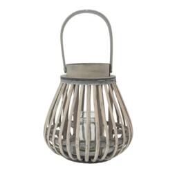 JVL Luna Natural Bulb Shaped Willow Wood Lantern with Wooden Handle - Grey