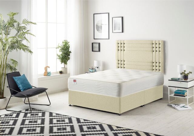 Somnior Flexby Linen Fabric Divan Bed with Orthopeadic Sprung Memory Foam Mattress & Headboard in Cream - Size: King - image 1