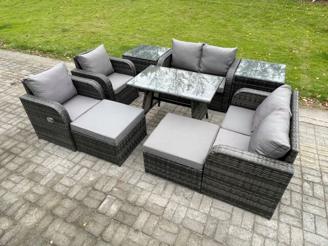 Fimous 8 Seater Wicker PE Rattan Garden Dining Set Outdoor Furniture Sofa with Rectangular Dining Table 2 Side Tables 2 Big Footstool in Dark Grey - image 1