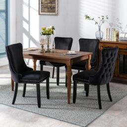 HomeTouch Sierra Set of 2 Lux Dining Chairs Velvet Tufted Wing Back Kitchen Chairs with Oak Wood Legs in Black - Size: 2 Pack - thumbnail 4