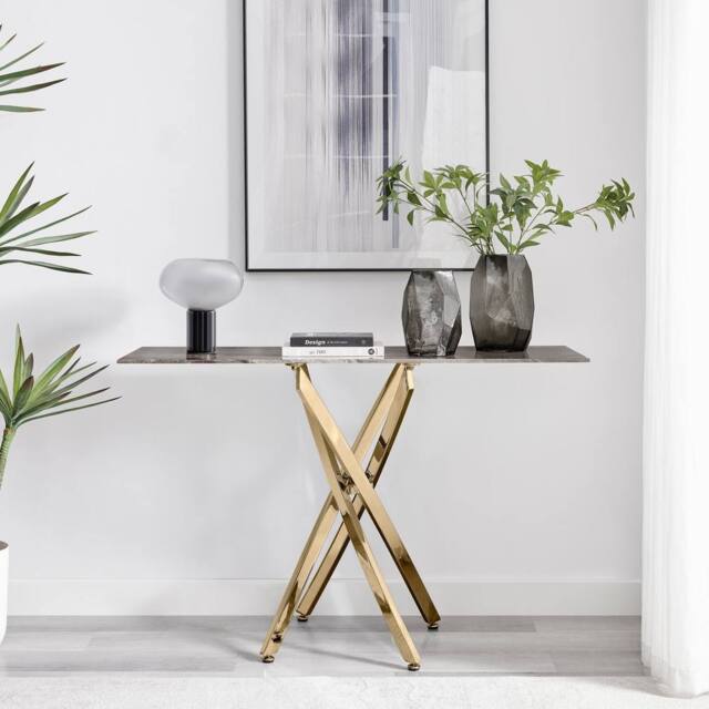 FurnitureboxUK Leonardo Rectangular Marble Effect Glass Top Console Table With Gold Metal Starburst Legs in Grey - image 1