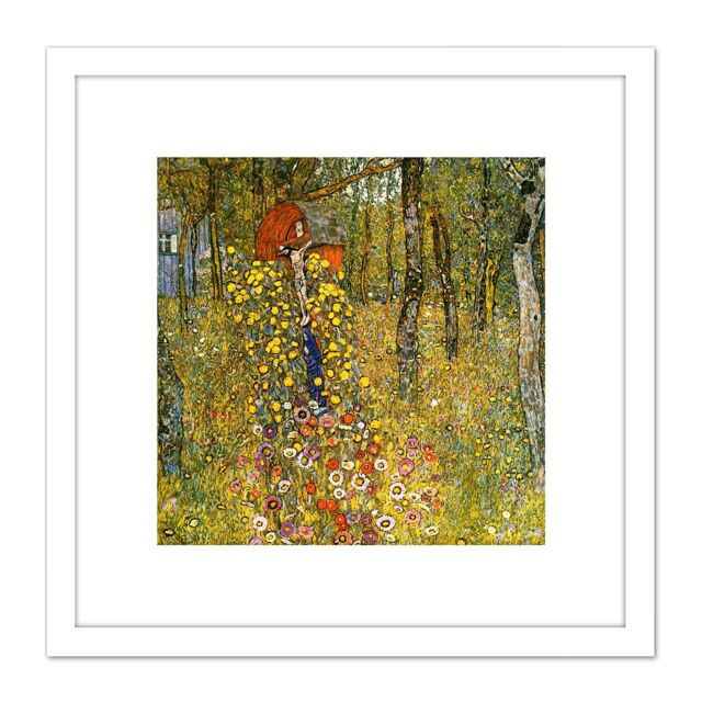 Artery8 Gustav Klimt Wayside Shrine Crucifix Farm Garden 8X8 Inch Square Wooden Framed Wall Art Print Picture with Mount in White - image 1