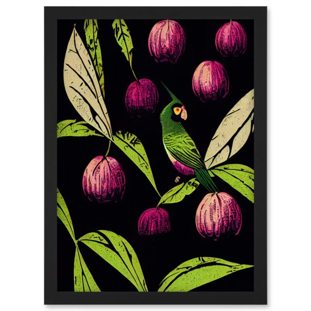 Artery8 Parrot in Tree Fruit Bright Green & Purple Black Colour Linocut Illustration Modern Vintage Artwork Framed Wall Art Print A4 - image 1