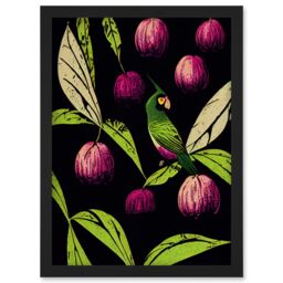 Artery8 Parrot in Tree Fruit Bright Green & Purple Black Colour Linocut Illustration Modern Vintage Artwork Framed Wall Art Print A4 - thumbnail 1
