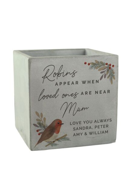 Personalised Memento Company Personalised Robin Memorial Concrete Plant Pot in Grey - image 1
