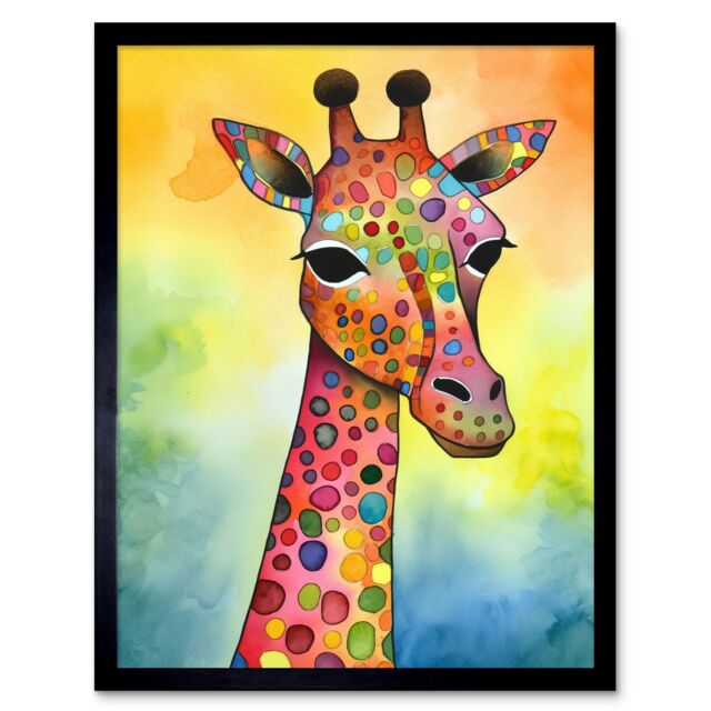 "Artery8 Wall Art Print Giraffe With Multicolour Pattern Folk Art Watercolour Painting Art Framed in Black - Size: W12"" x H16""" - image 1