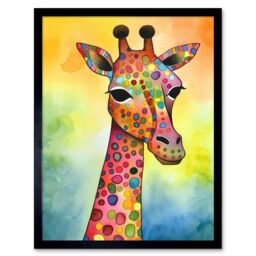 "Artery8 Wall Art Print Giraffe With Multicolour Pattern Folk Art Watercolour Painting Art Framed in Black - Size: W12"" x H16""" - thumbnail 1