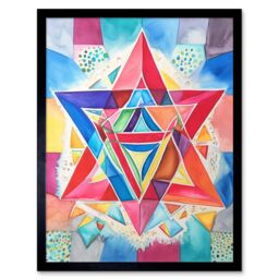 "Artery8 Wall Art Print Jewish Star Of David Bright Multicoloured Folk Art Watercolour Painting Art Framed in Black - Size: W12"" x H16""" - thumbnail 1